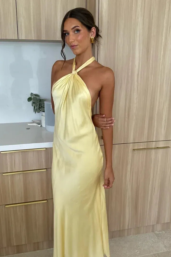 Elegant Satin Maxi Evening Dress Yellow Halter Neck Sleeveless for Women