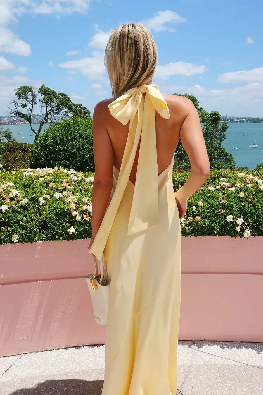 Elegant Satin Maxi Evening Dress Yellow Halter Neck Sleeveless for Women