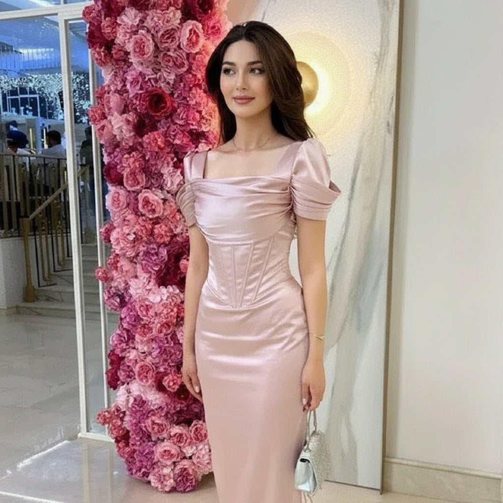 Elegant Satin Midi Evening Dress Blush Square-Neck Puff-Sleeve Party Gown for Women