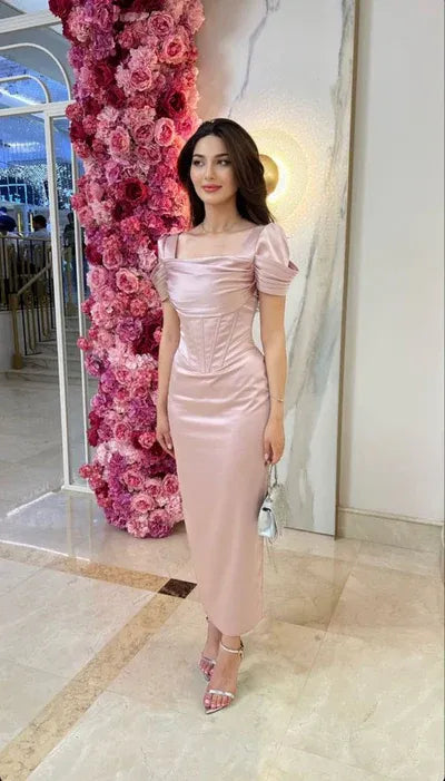 Elegant Satin Midi Evening Dress Blush Square-Neck Puff-Sleeve Party Gown for Women