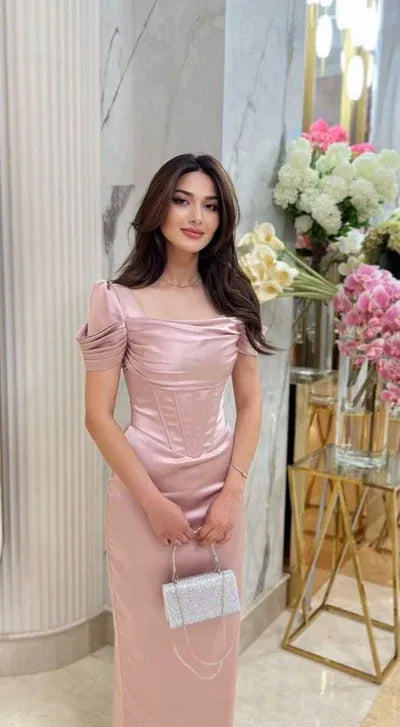 Elegant Satin Midi Evening Dress Blush Square-Neck Puff-Sleeve Party Gown for Women