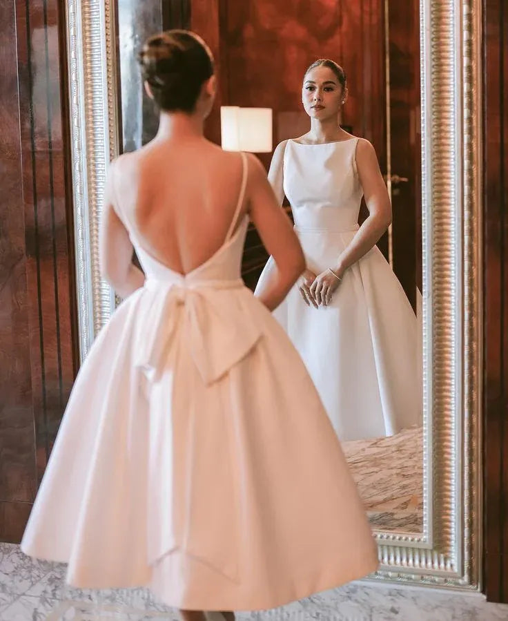 Elegant Satin Midi Evening Dress Ivory Sleeveless Open-Back for Women