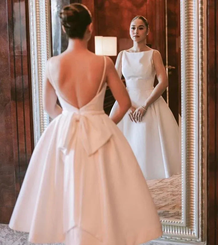 Elegant Satin Midi Evening Dress Ivory Sleeveless Open-Back for Women