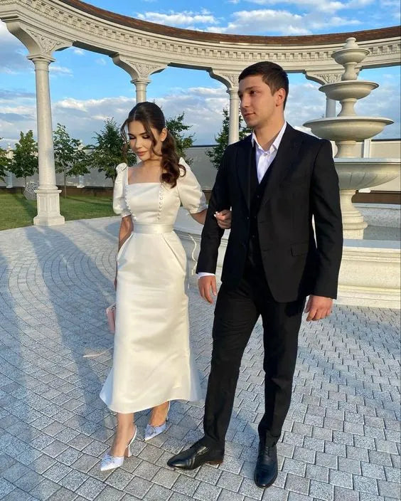 Elegant Satin Midi Evening Dress Ivory Square Neck Puff Sleeve for Women