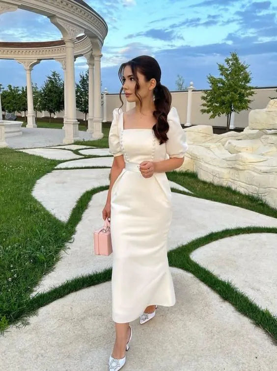 Elegant Satin Midi Evening Dress Ivory Square Neck Puff Sleeve for Women
