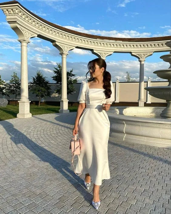 Elegant Satin Midi Evening Dress Ivory Square Neck Puff Sleeve for Women