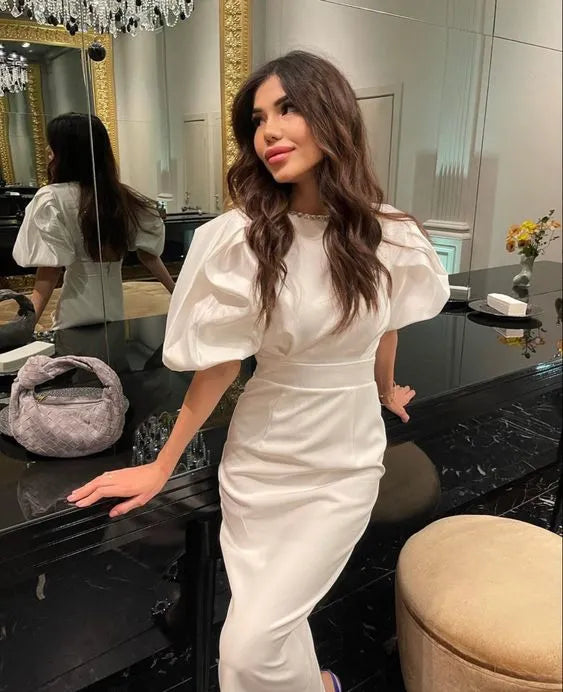Elegant Satin Midi Evening Dress White High-Neck Puff-Sleeve for Women