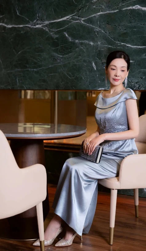 Elegant Sheath Bateau Beaded Satin Gray Blue Mother of the Bride Dresses