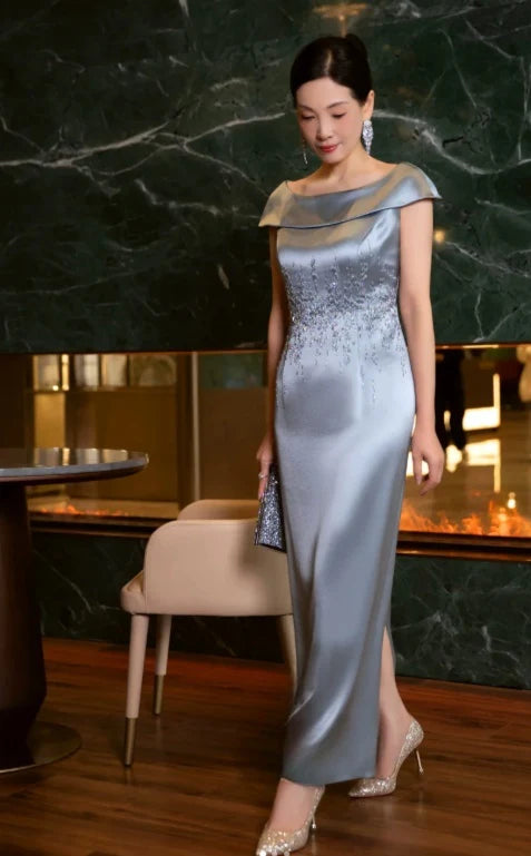 Elegant Sheath Bateau Beaded Satin Gray Blue Mother of the Bride Dresses