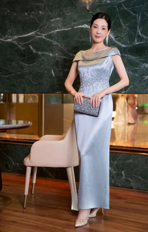 Elegant Sheath Bateau Beaded Satin Gray Blue Mother of the Bride Dresses