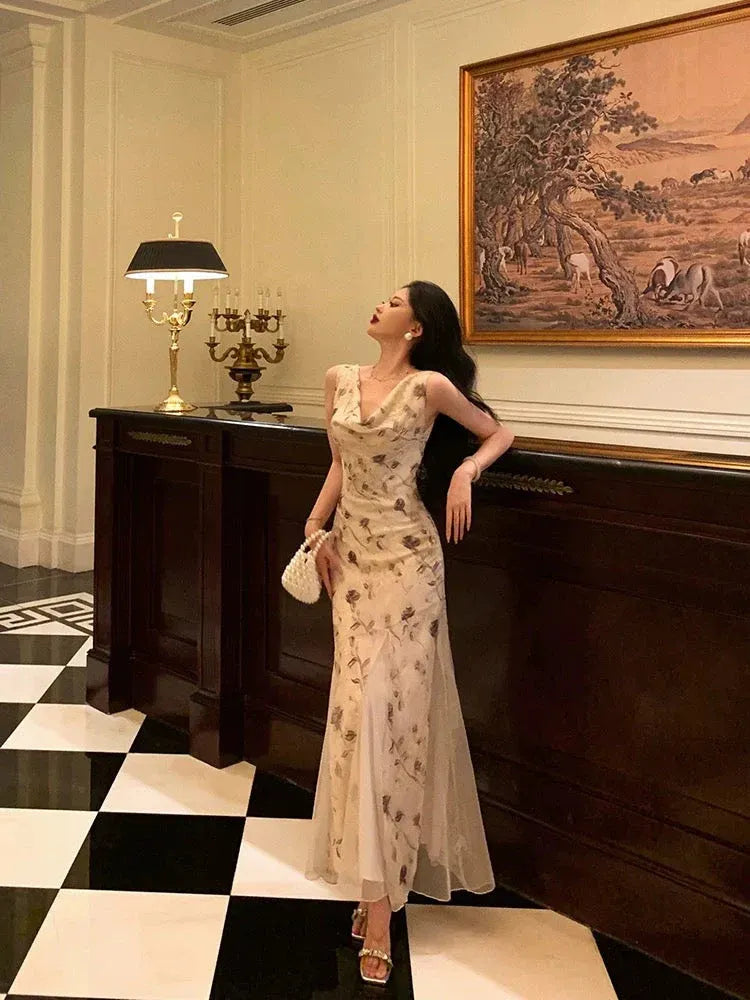 Elegant Sheath Cowl Neck Sleeveless Floral Beige Floor-Length Prom Dresses
