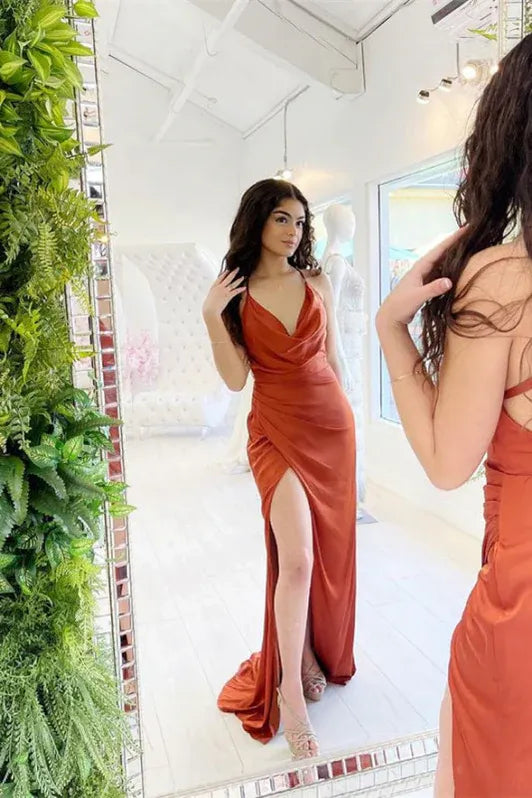 Elegant Sheath Cowl Neck Spaghetti Straps Slit Burnt Orange Train Prom Dress Custom
