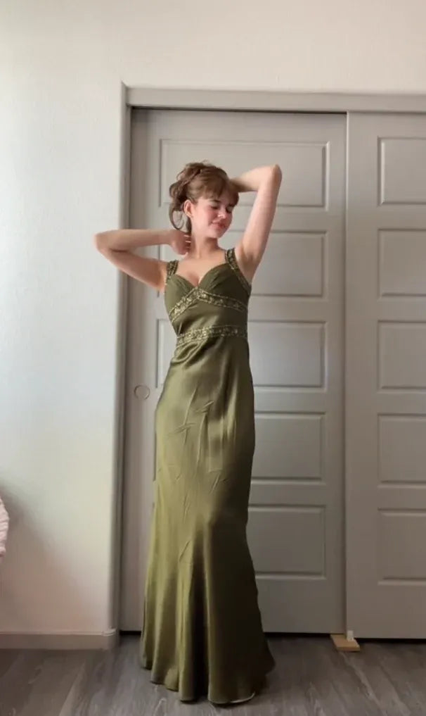Elegant Sheath Deep V-Neck Sleeveless Beaded Olive Green Long Prom Dress for Women Ready to Ship