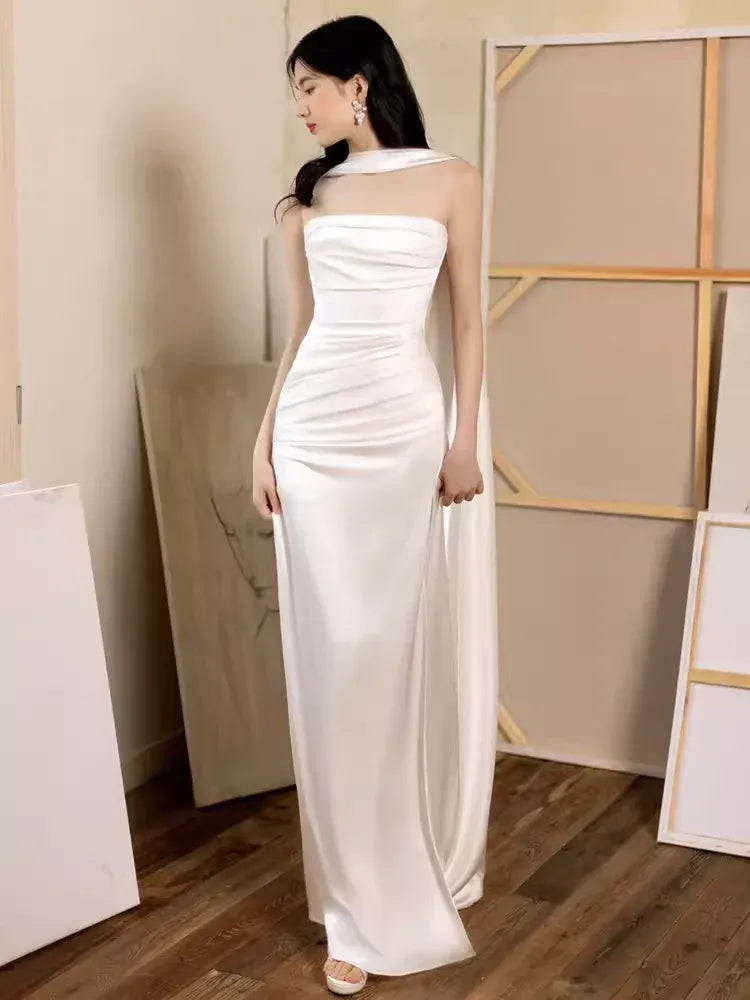 Elegant Sheath Halter-Neck Sleeveless Cape-Accented White Maxi Prom Dress for Women for sale