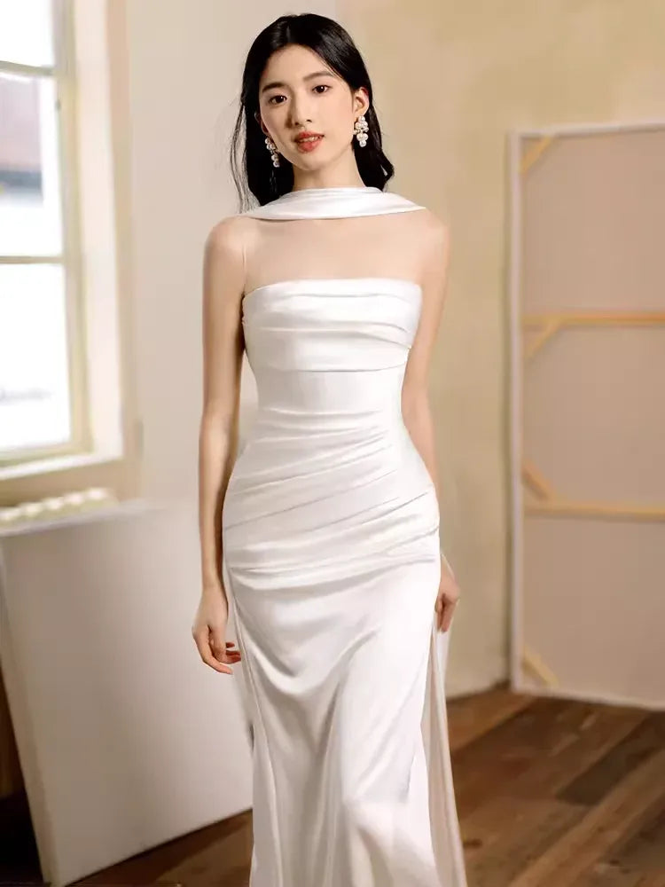 Elegant Sheath Halter-Neck Sleeveless Cape-Accented White Maxi Prom Dress for Women for sale