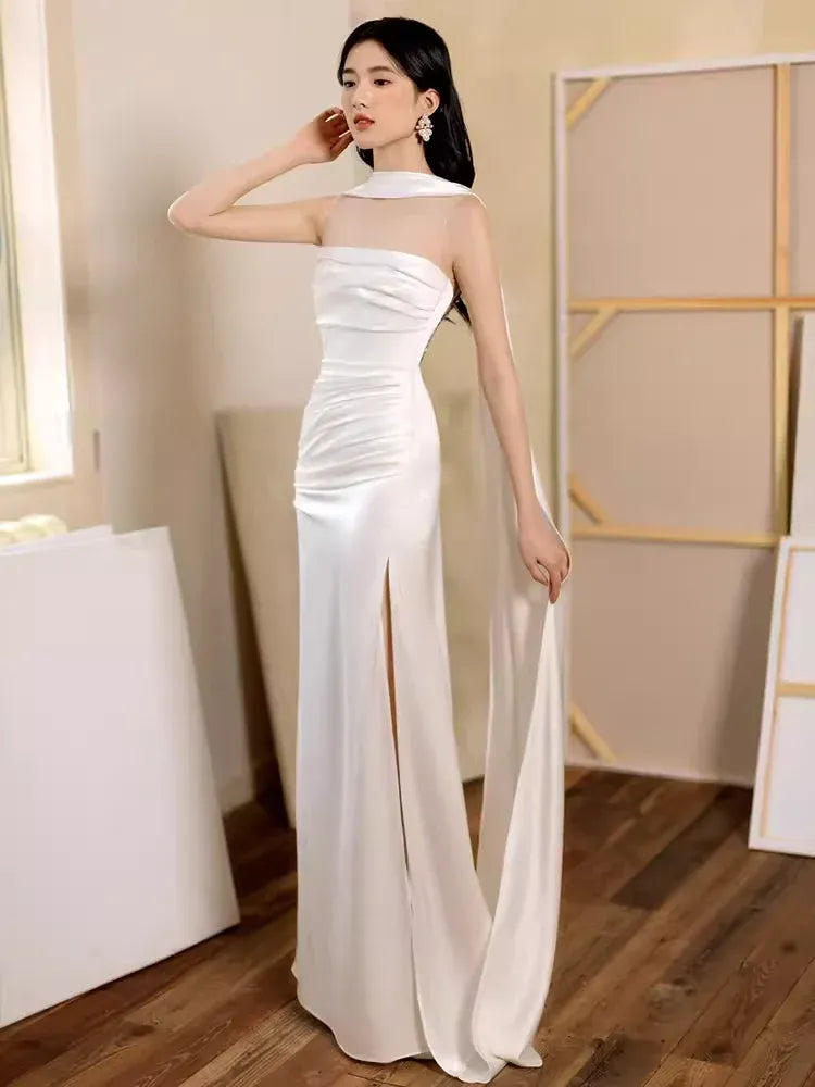 Elegant Sheath Halter-Neck Sleeveless Cape-Accented White Maxi Prom Dress for Women for sale