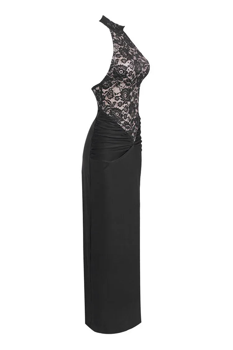 Elegant Sheath Halter-Neck Sleeveless Lace Black Floor-Length Evening Dress for Women