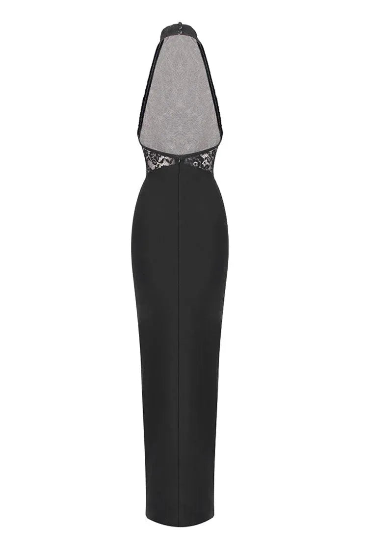 Elegant Sheath Halter-Neck Sleeveless Lace Black Floor-Length Evening Dress for Women