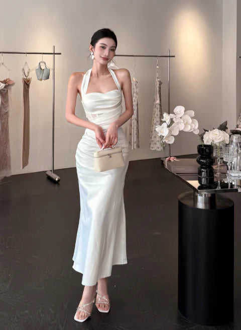 Elegant Sheath Halter Cutout Open Back Satin White Evening Dress