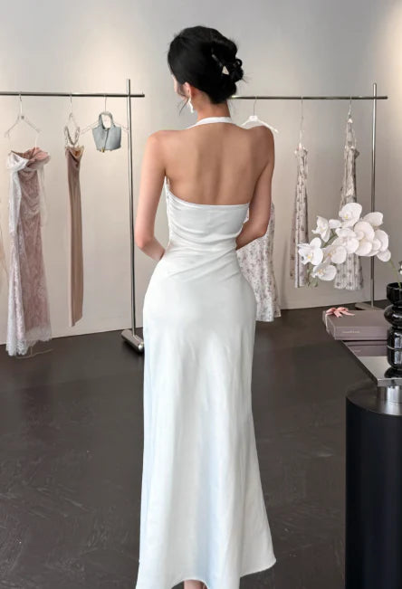Elegant Sheath Halter Cutout Open Back Satin White Evening Dress