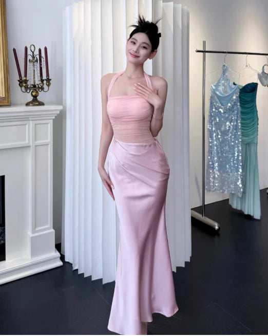 Elegant Sheath Halter Neck Open Back Satin Pink Long Evening Dress