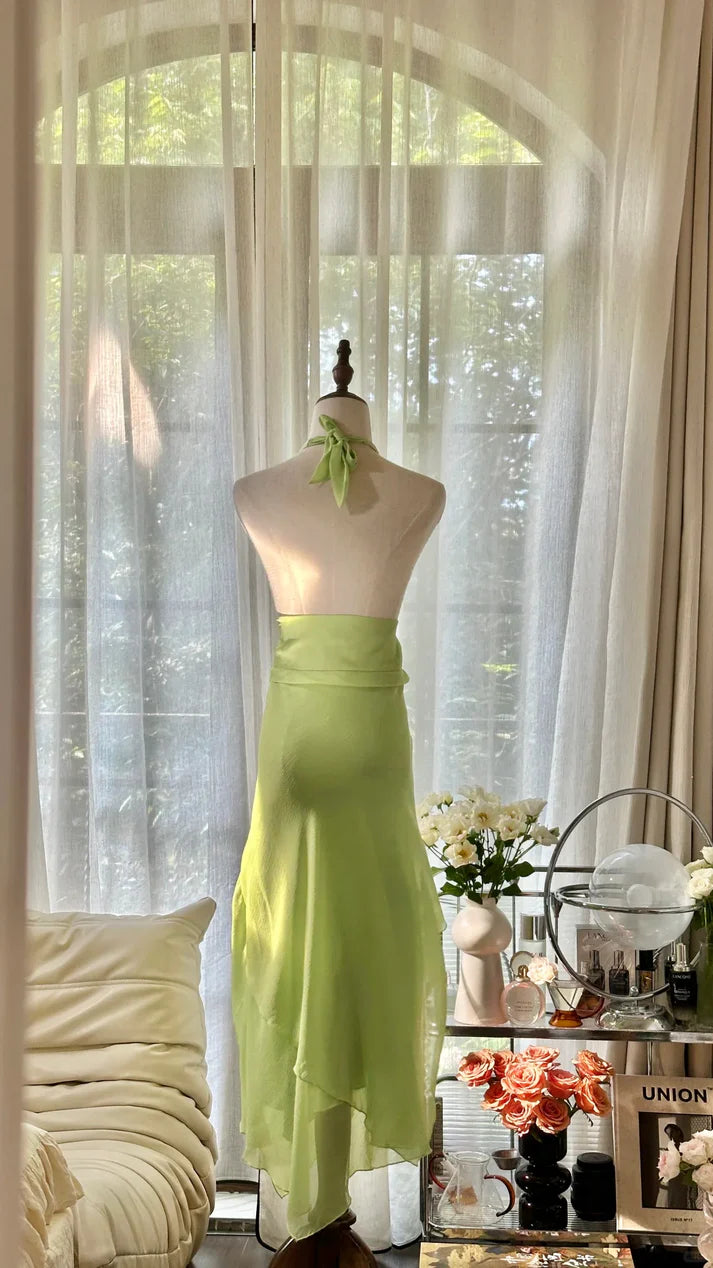 Elegant Sheath Halter Sequins Chiffon Light Green Long Party Dress
