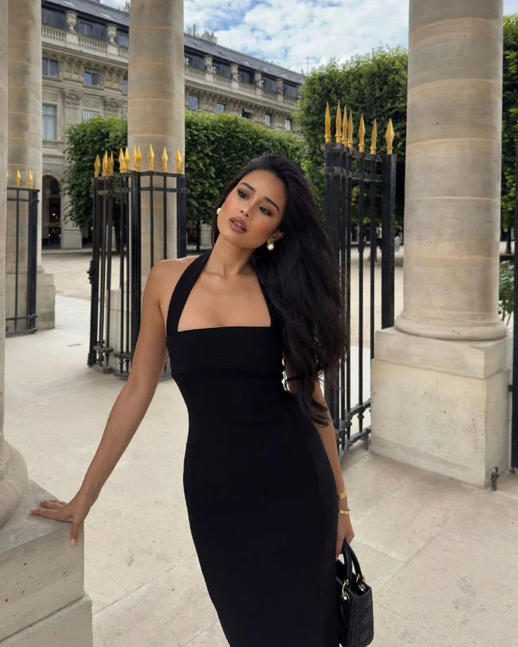Elegant Sheath Halter Sleeveless Bodycon Backless Black Maxi Prom Dress