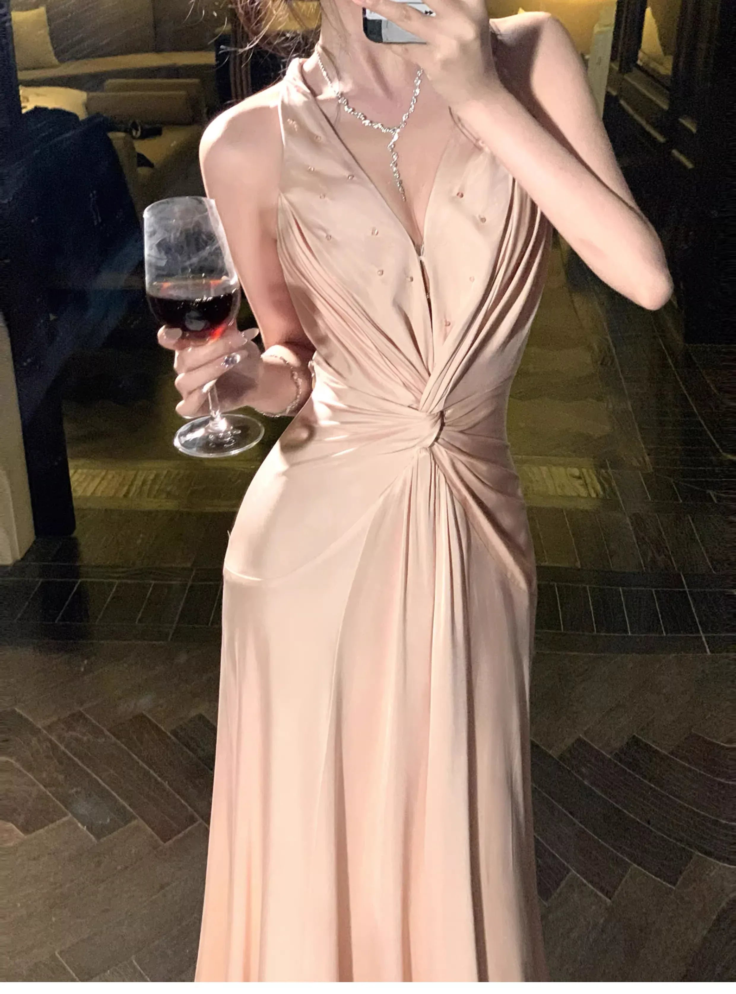 Elegant Sheath Halter Twist Backless Beaded Satin Coral Powder Prom Dress