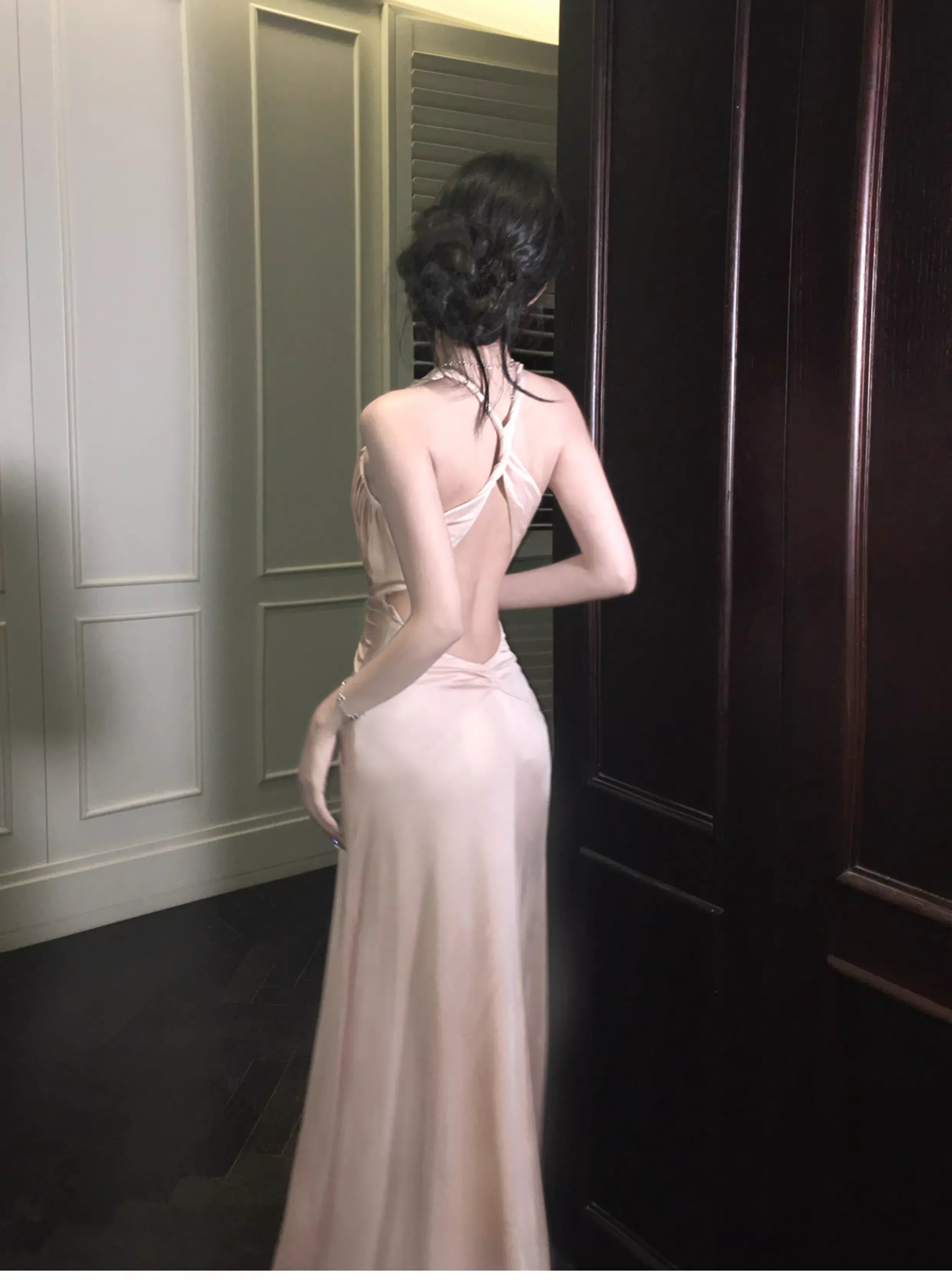 Elegant Sheath Halter Twist Backless Beaded Satin Coral Powder Prom Dress