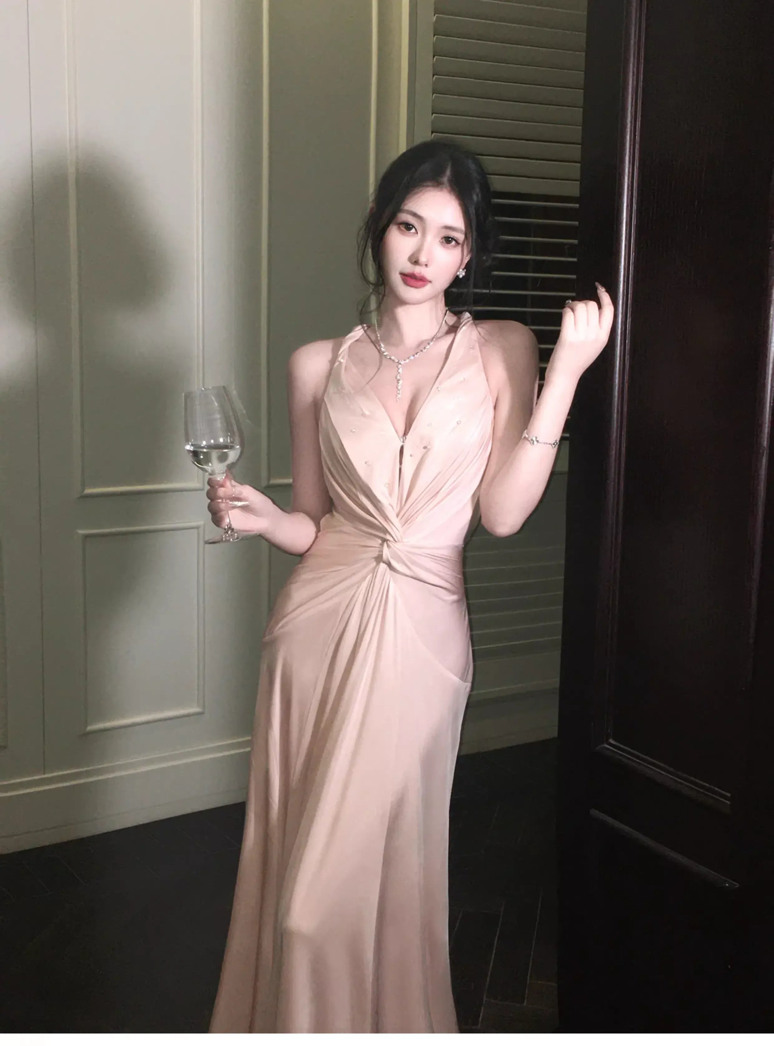 Elegant Sheath Halter Twist Backless Beaded Satin Coral Powder Prom Dress