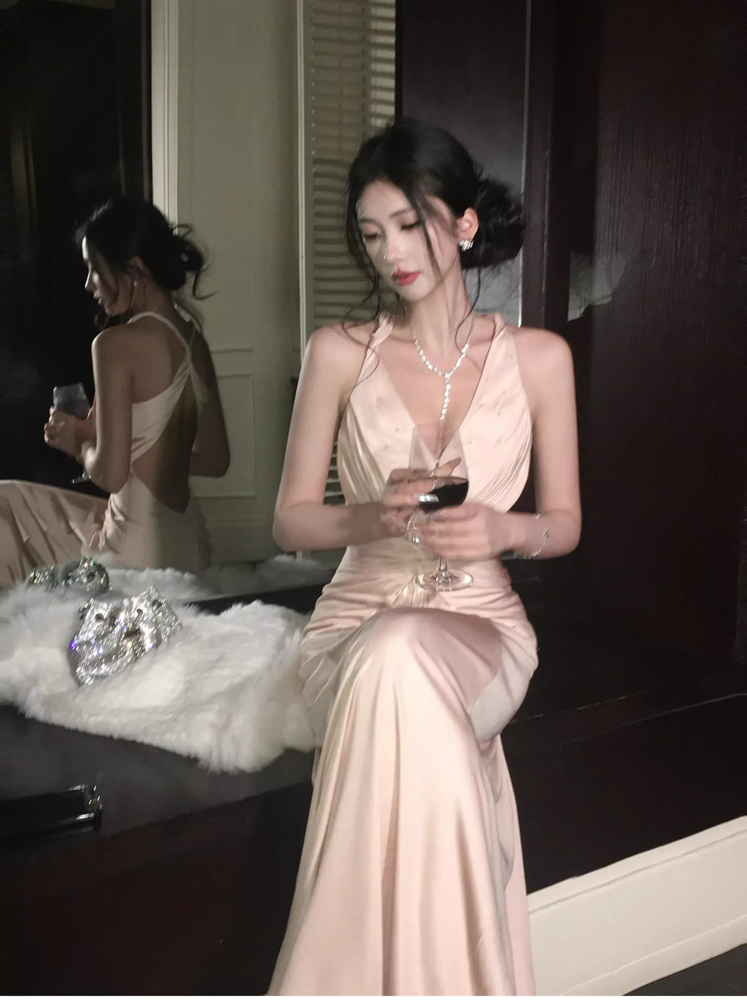 Elegant Sheath Halter Twist Backless Beaded Satin Coral Powder Prom Dress