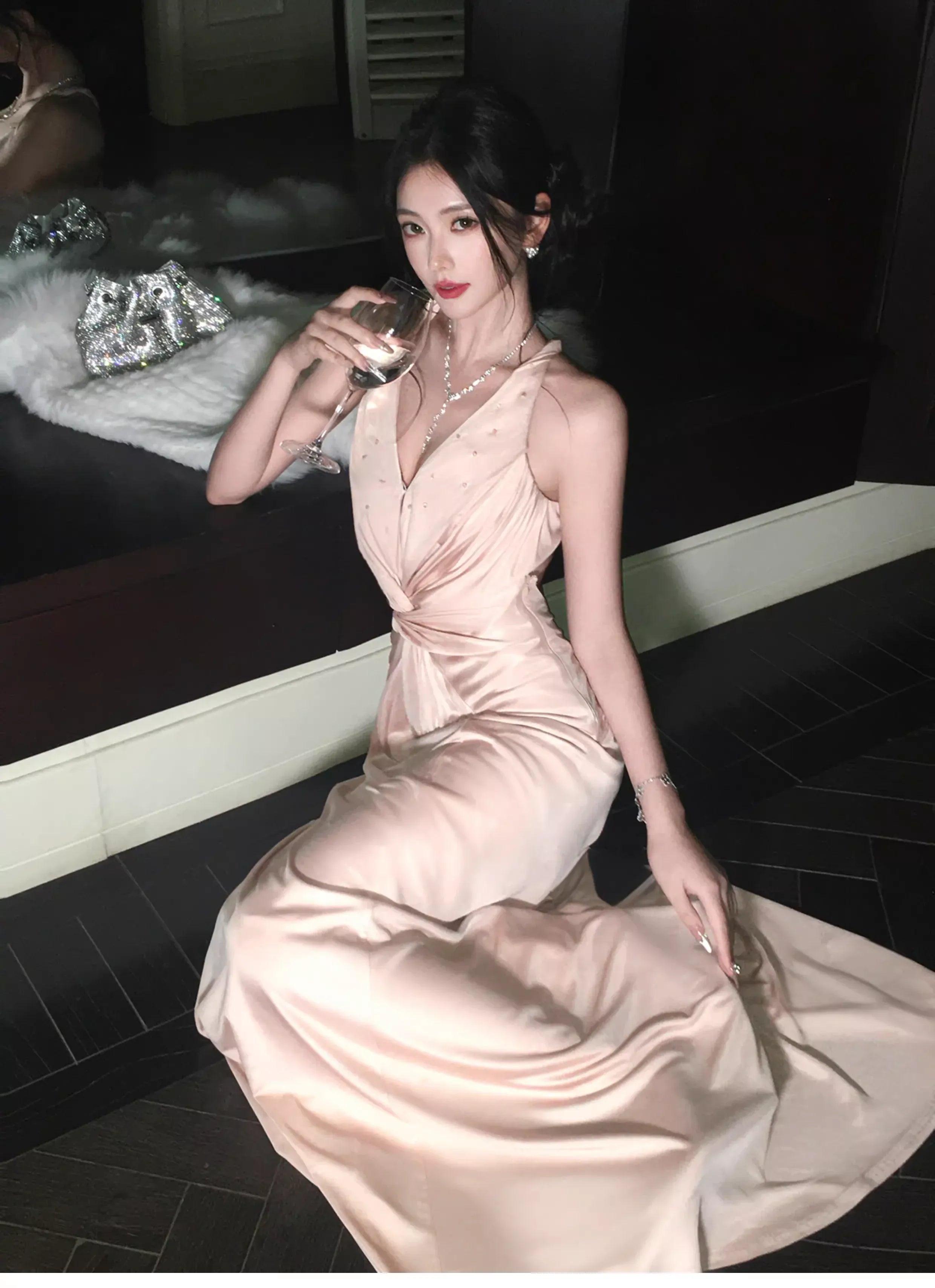 Elegant Sheath Halter Twist Backless Beaded Satin Coral Powder Prom Dress