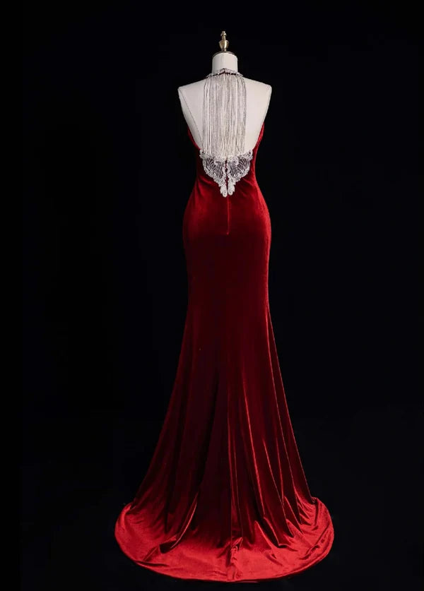 Elegant Sheath Halter V-neck Velvet Burgundy Evening Dresses With Tassels