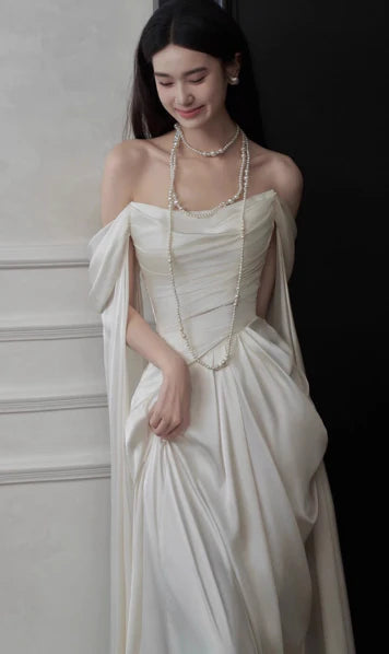 Elegant Sheath Off-Shoulder Chiffon Ivory Long Evening Dress Prom Dress