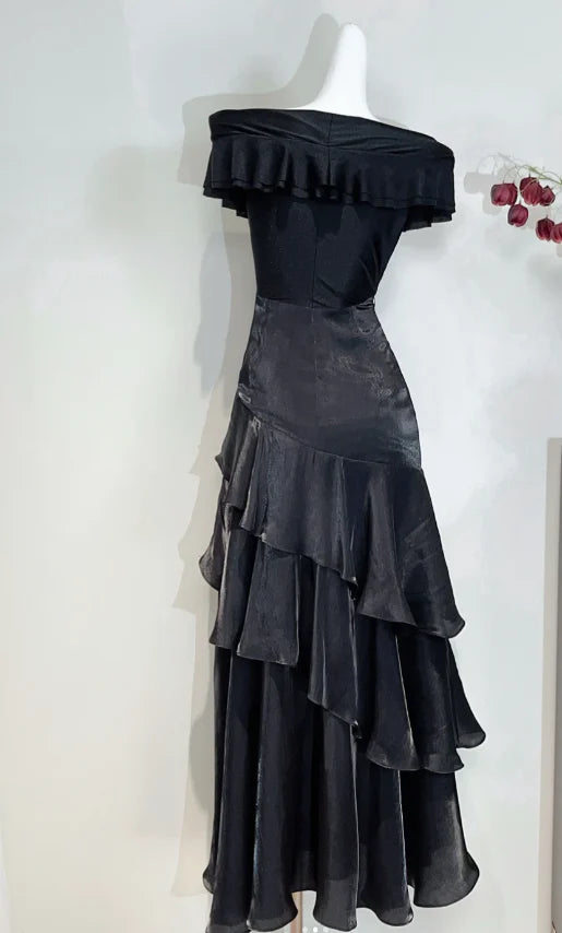 Elegant Sheath Off-Shoulder Satin Black Long Prom Dresses Evening Dresses
