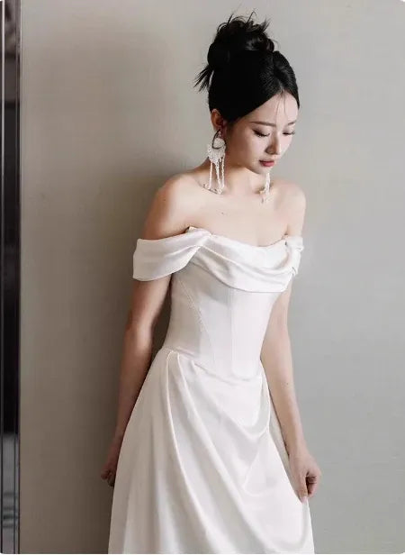 Elegant Sheath Off-Shoulder Sleeveless Ruched Ivory Long Prom Dress for Women Ready to Ship