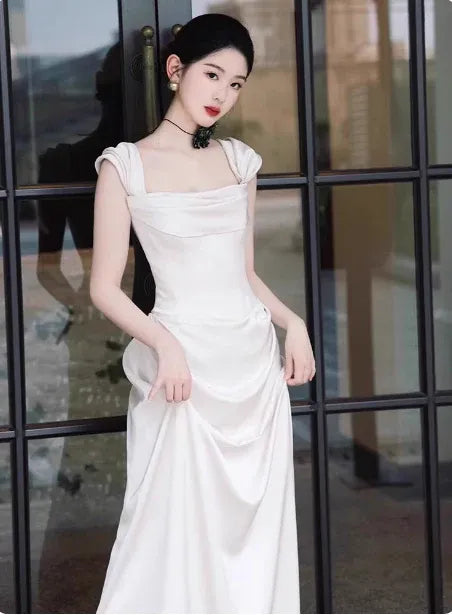 Elegant Sheath Off-Shoulder Sleeveless Ruched Ivory Long Prom Dress for Women Ready to Ship