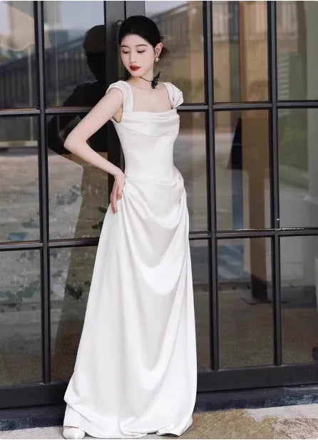 Elegant Sheath Off-Shoulder Sleeveless Ruched Ivory Long Prom Dress for Women Ready to Ship
