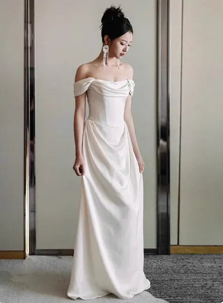 Elegant Sheath Off-Shoulder Sleeveless Ruched Ivory Long Prom Dress for Women Ready to Ship