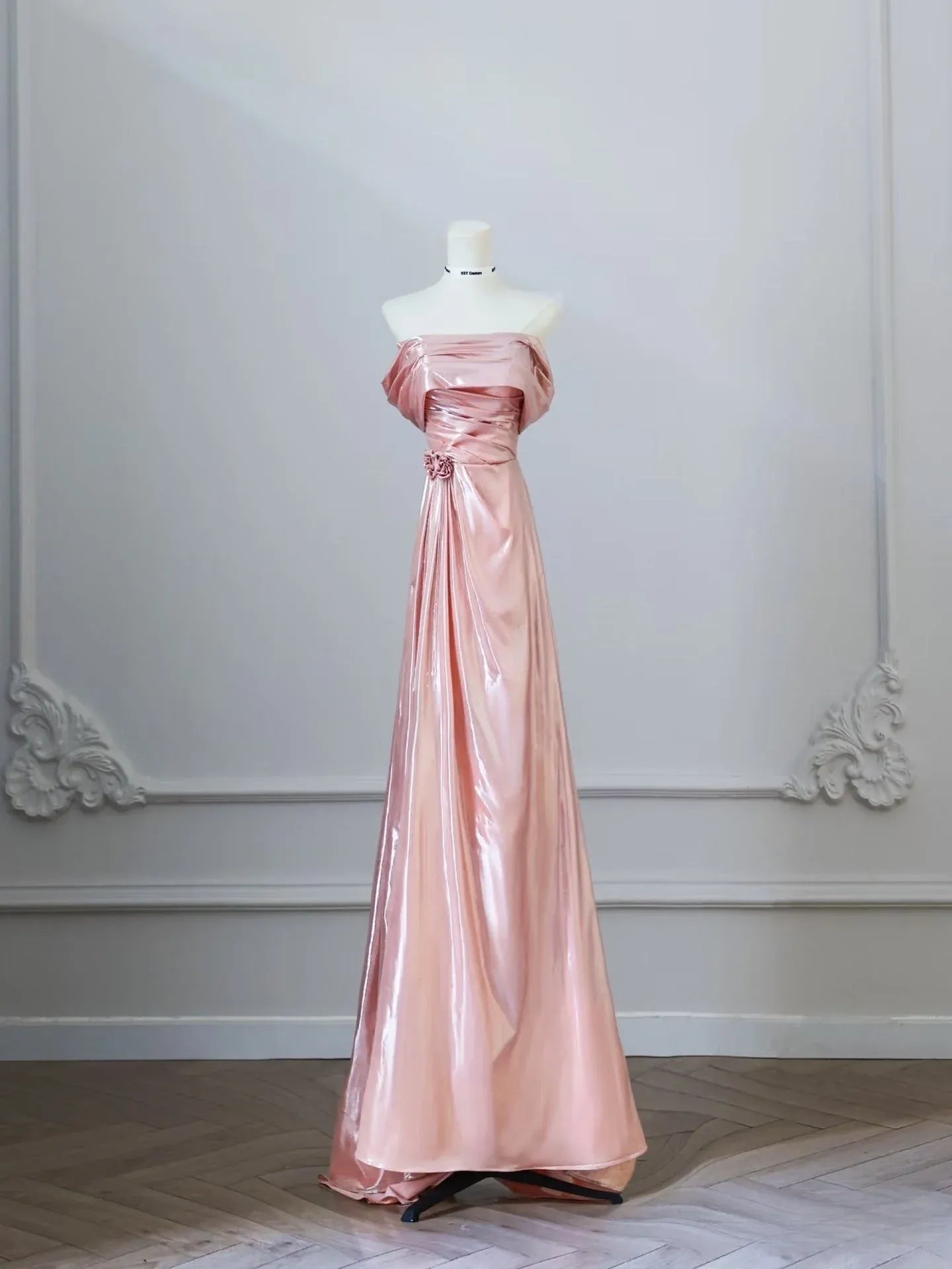 Elegant Sheath Off-Shoulder Sleeveless Satin-Bow Rose Gold Maxi Evening Dress for Women