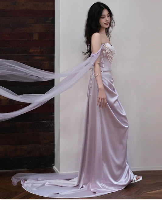 Elegant Sheath Off-the-shoulder Satin Light Purple Long Prom Dresses