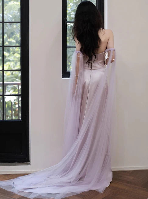 Elegant Sheath Off-the-shoulder Satin Light Purple Long Prom Dresses