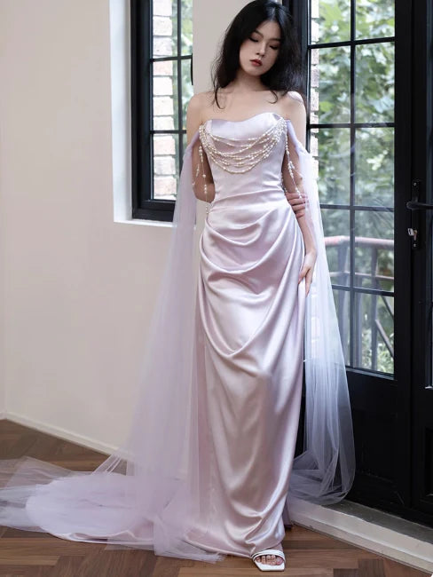 Elegant Sheath Off-the-shoulder Satin Light Purple Long Prom Dresses