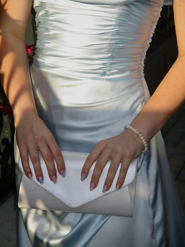 Elegant Sheath Off Shoulder Ruched Satin Light Blue Long Prom Dress With Slit