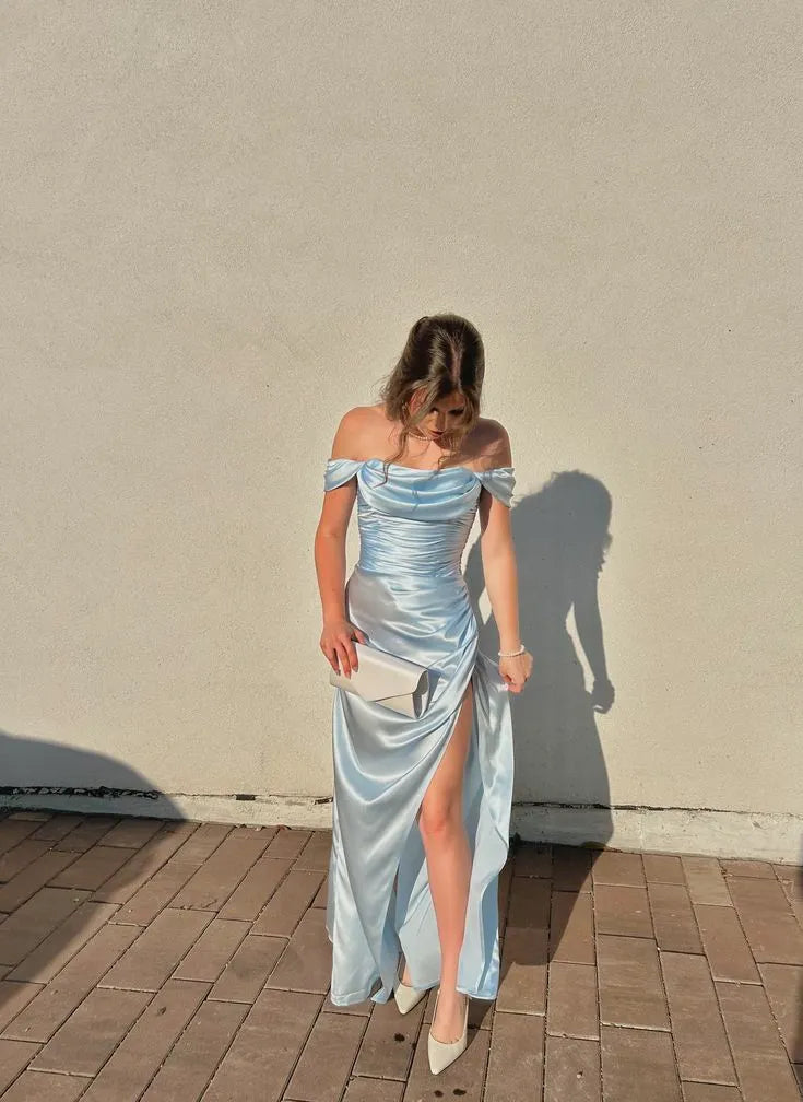 Elegant Sheath Off Shoulder Ruched Satin Light Blue Long Prom Dress With Slit