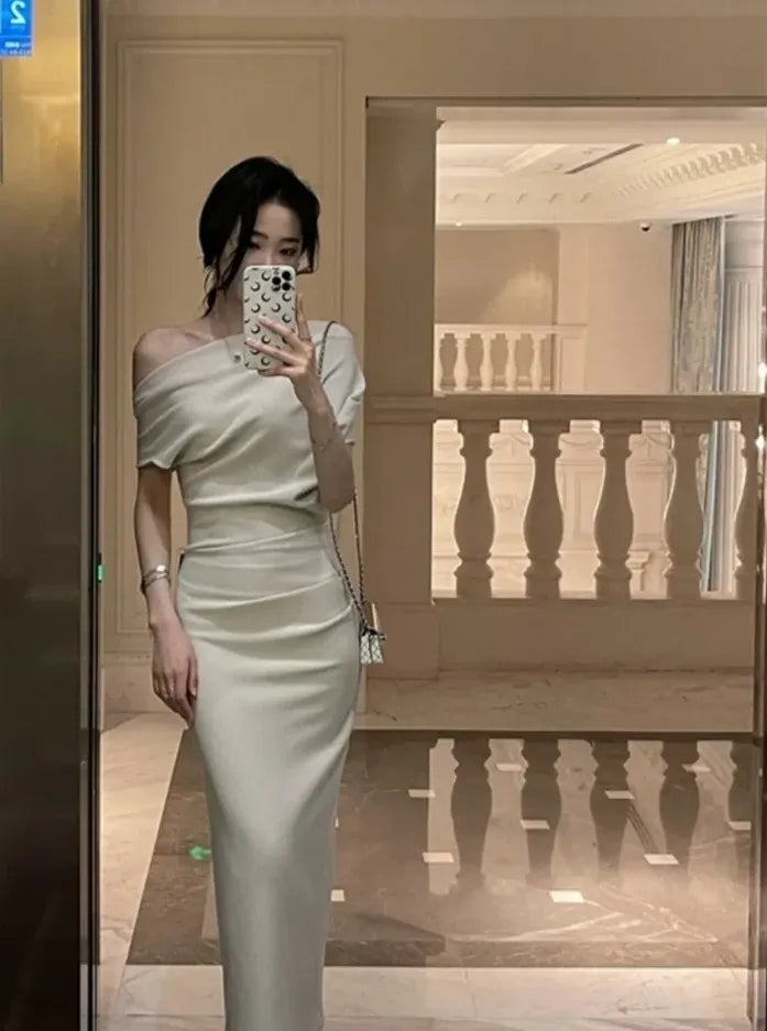 Elegant Sheath One-Shoulder Short-Sleeve Ruched Knit Ivory Maxi Evening Dress for Women