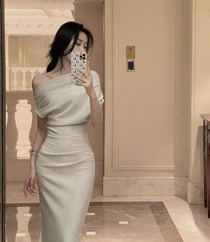 Elegant Sheath One-Shoulder Short-Sleeve Ruched Knit Ivory Maxi Evening Dress for Women