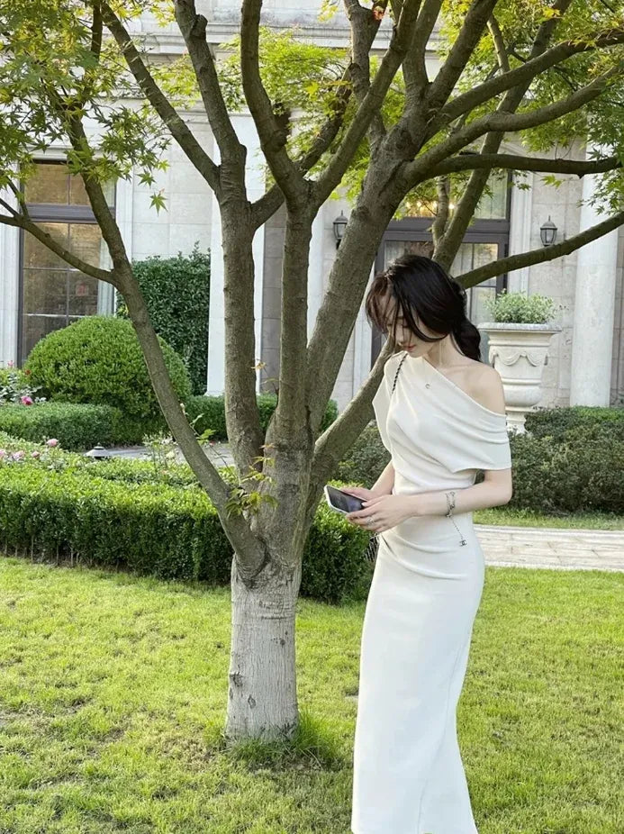 Elegant Sheath One-Shoulder Short-Sleeve Ruched Knit Ivory Maxi Evening Dress for Women