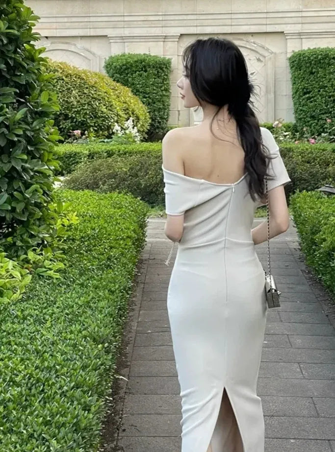 Elegant Sheath One-Shoulder Short-Sleeve Ruched Knit Ivory Maxi Evening Dress for Women