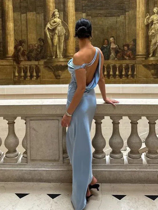 Elegant Sheath One-Shoulder Sleeveless Draped Light Blue Floor-Length Prom Dress for Women